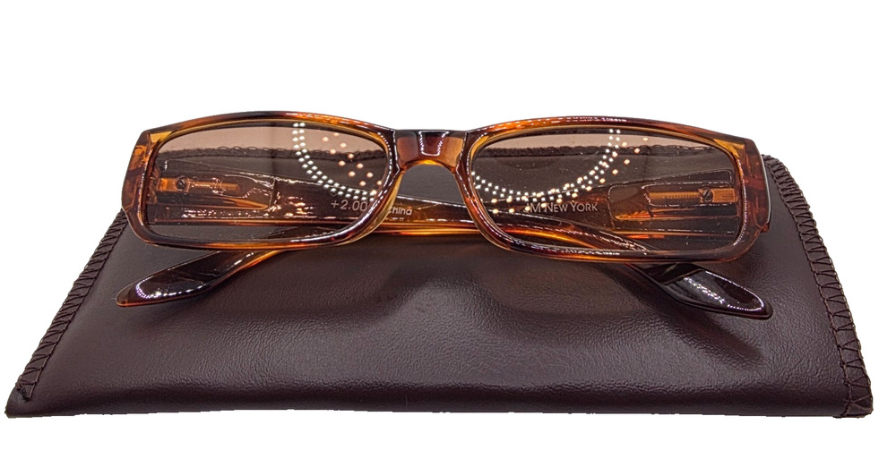 JM New York +2.00 Reading Glasses Brown Floral Rectangular Readers Women’s Style